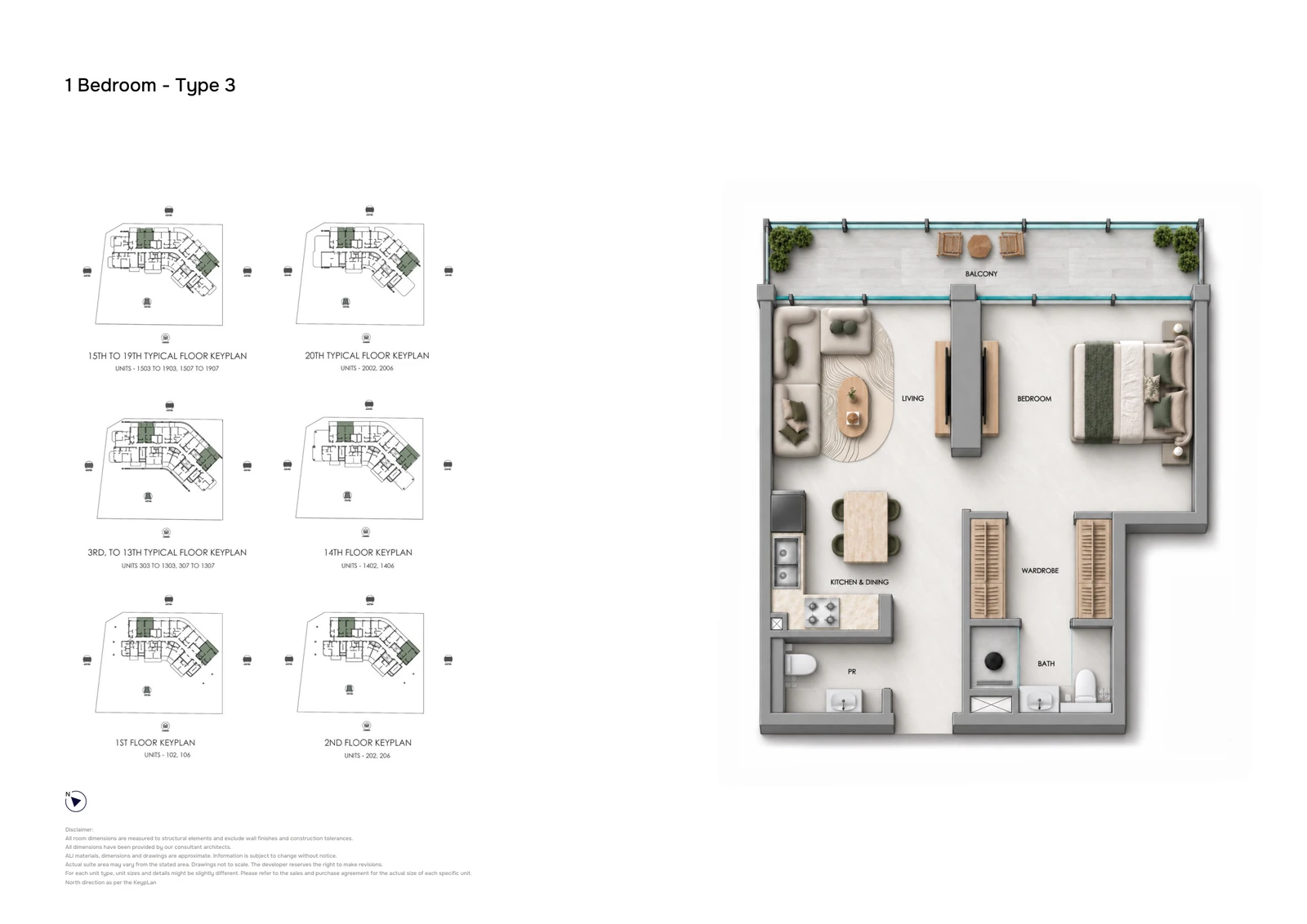 Samana Downtown One 1-bedroom Type 3 apartment floor plan showing the typical layout with a bathroom, powder room and balcony.