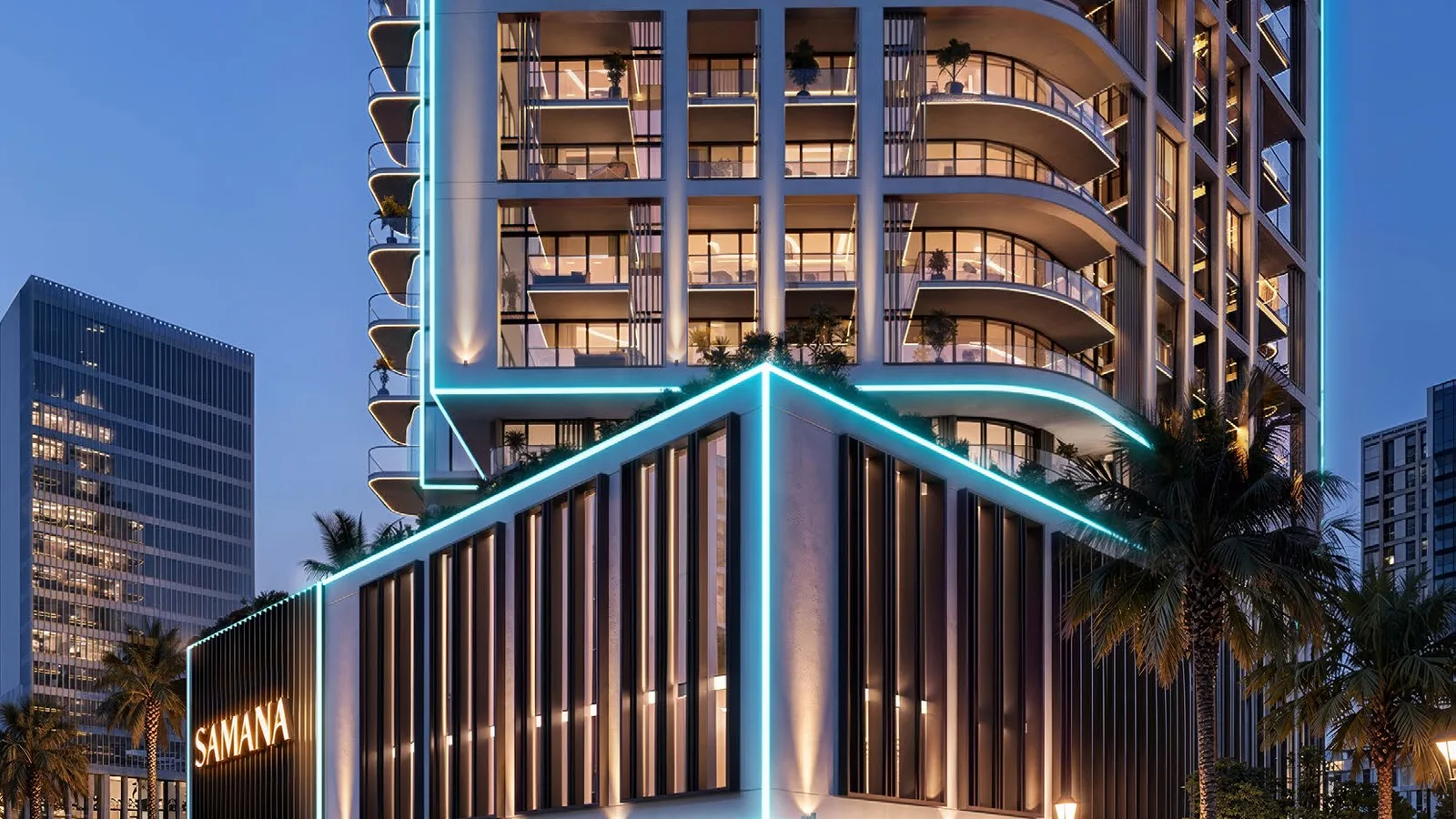 Street-level podium frontage with outdoor seating and glazed tower above at Samana Downtown One.