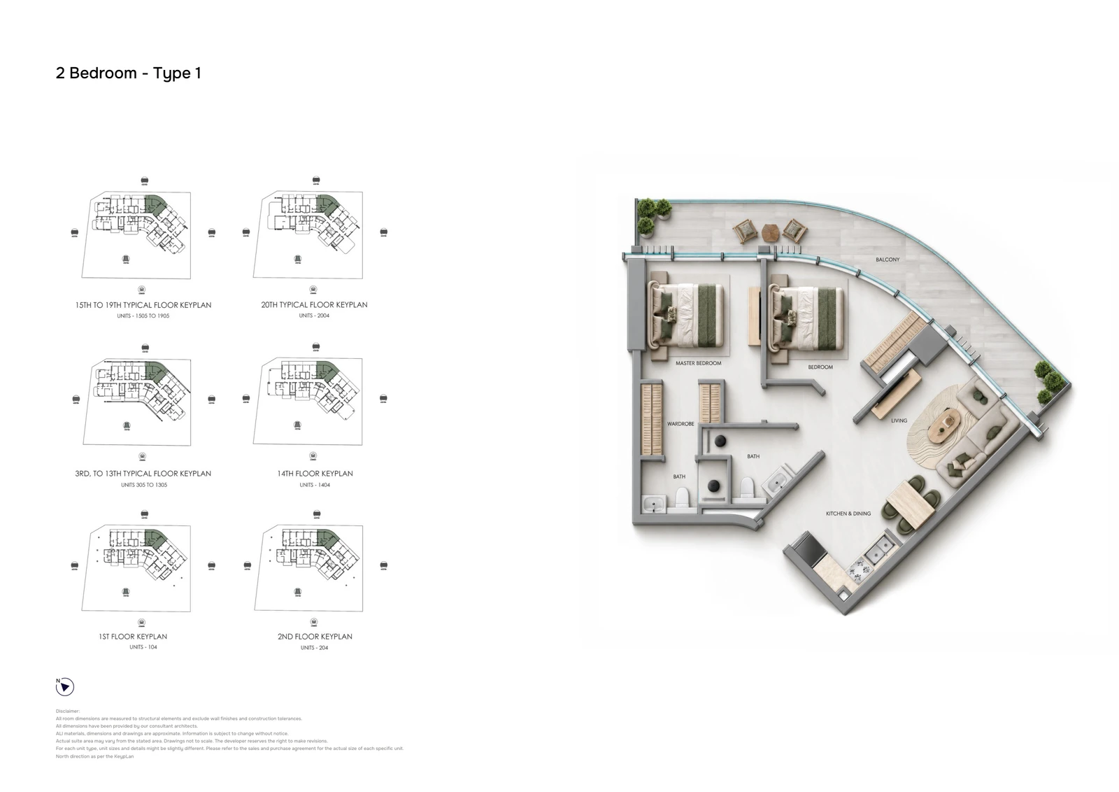 Samana Downtown One 2-bedroom Type 1 apartment floor plan showing the typical layout with two bathrooms and a curved balcony.