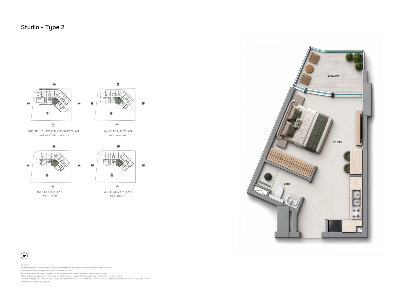 Samana Downtown One studio Type 2 apartment floor plan showing the typical layout with an angled open-plan living space, wardrobe, bathroom and balcony.