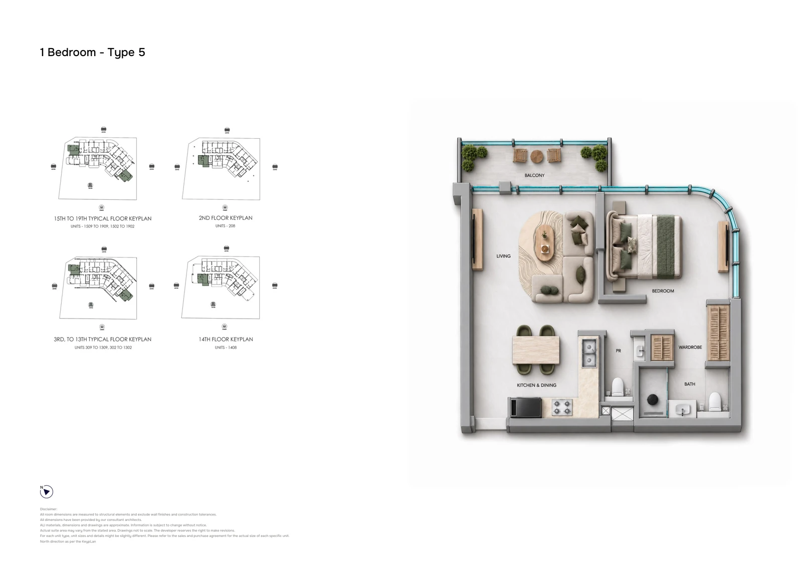 Samana Downtown One 1-bedroom Type 5 apartment floor plan showing the typical layout with curved corner glazing and a powder room.