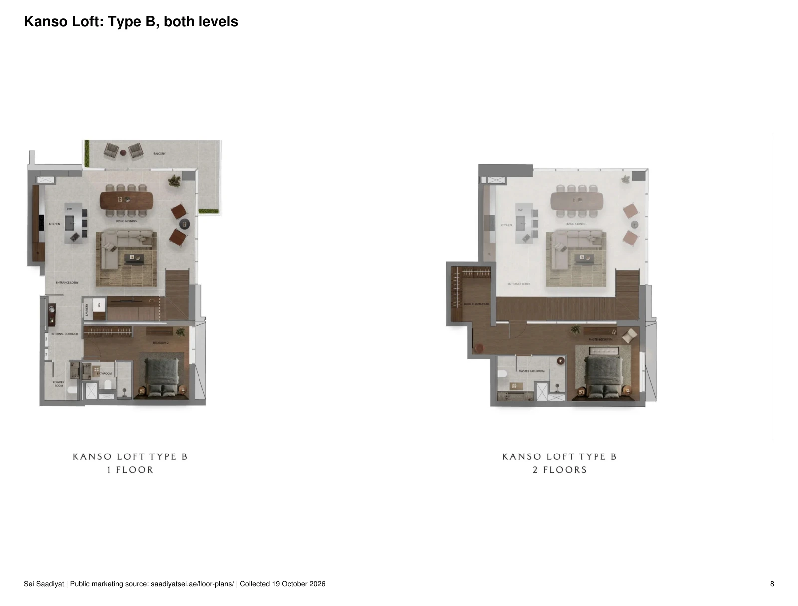 Sei Saadiyat 2-bedroom Kanso Loft Type B duplex floor plan, Both Levels with an internal staircase
