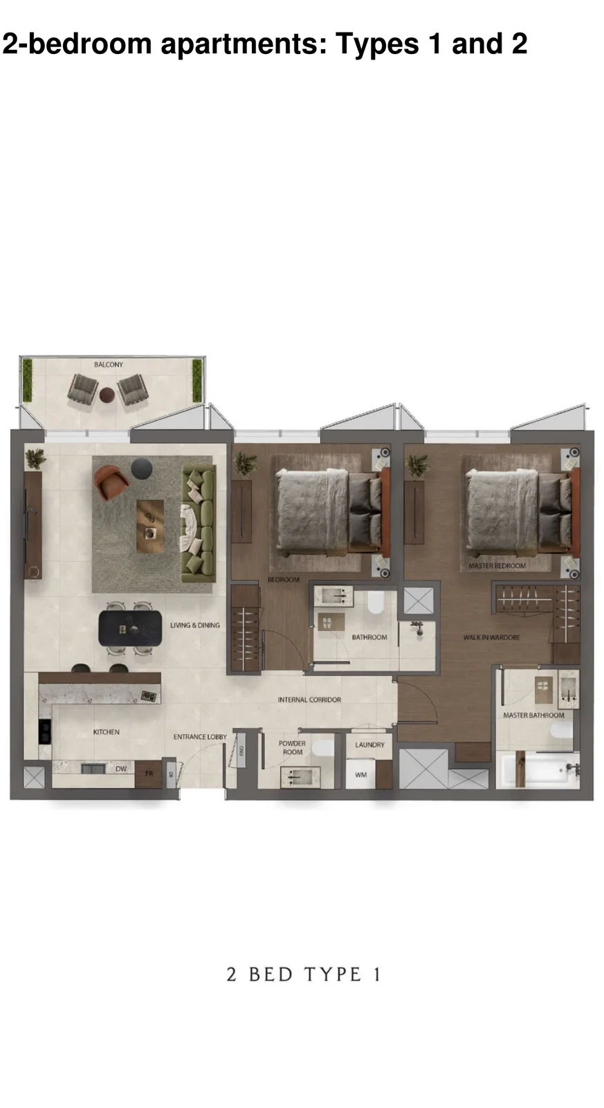 Sei Saadiyat 2-bedroom Type 1 apartment floor plan, including a balcony