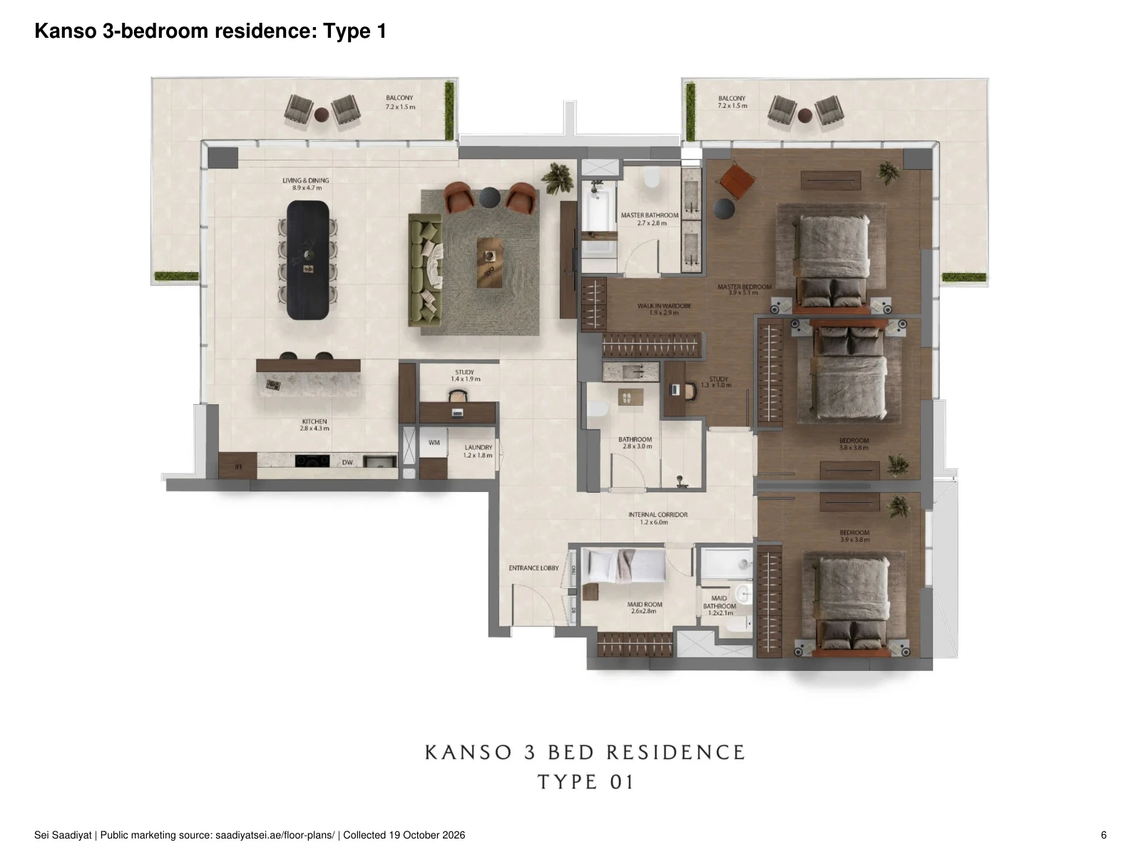 Sei Saadiyat 3-bedroom Kanso Type 01 apartment floor plan, including a maid's room and two studies