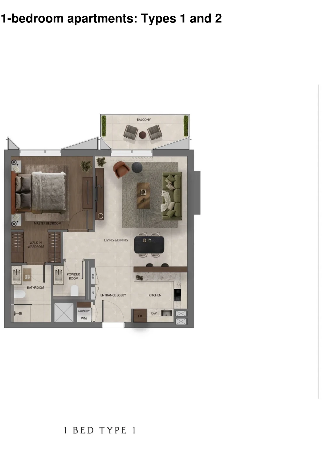 Sei Saadiyat 1-bedroom Type 1 apartment floor plan, including a balcony