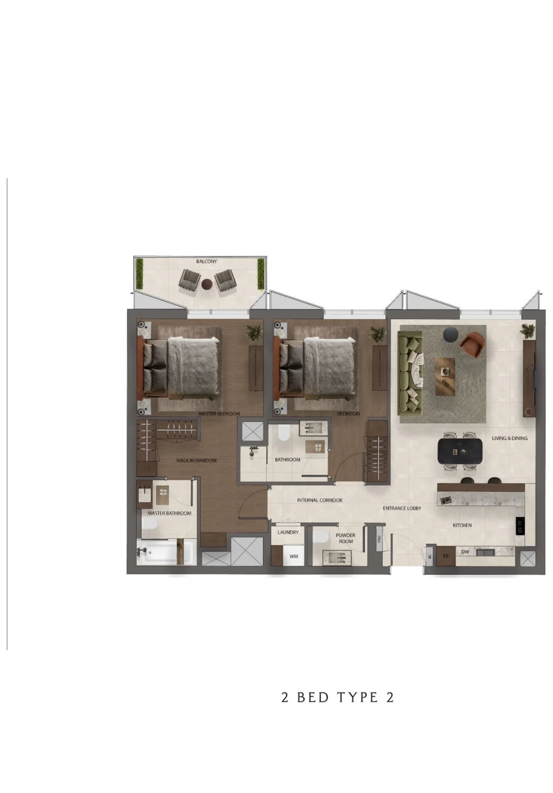 Sei Saadiyat 2-bedroom Type 2 apartment floor plan, including a balcony
