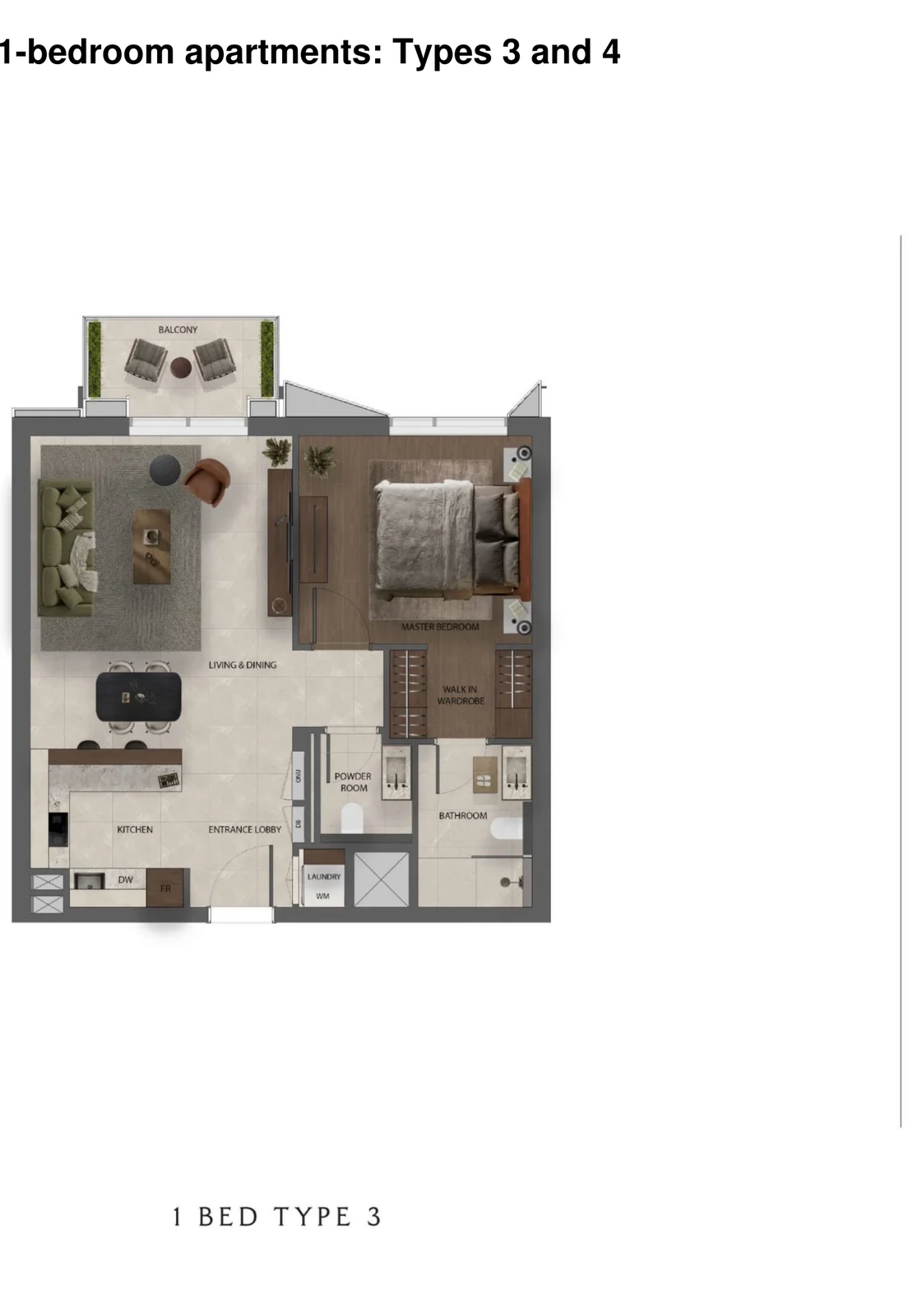 Sei Saadiyat 1-bedroom Type 3 apartment floor plan, including a balcony