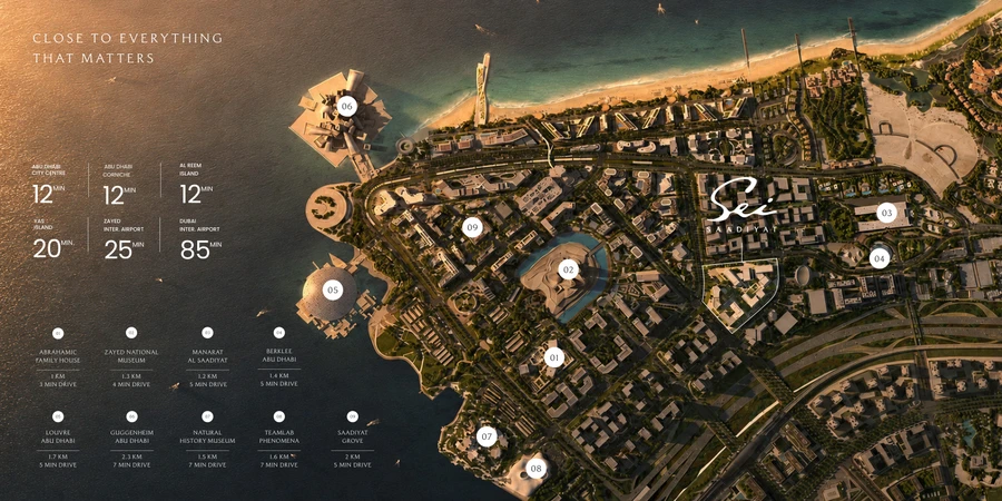 Sei Saadiyat location in Saadiyat Cultural District with nearby museums, numbered landmarks and indicative driving times