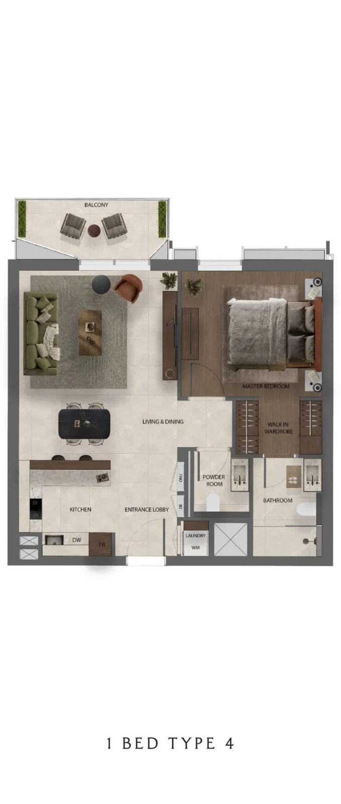 Sei Saadiyat 1-bedroom Type 4 apartment floor plan, including a balcony