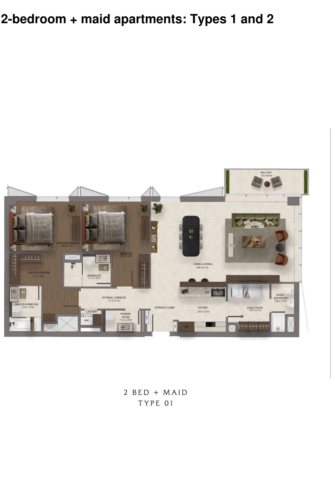 Sei Saadiyat 2-bedroom Type 01 + Maid apartment floor plan, including a maid's room