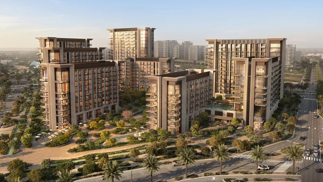 Sei Saadiyat residential towers around landscaped courtyards in afternoon light