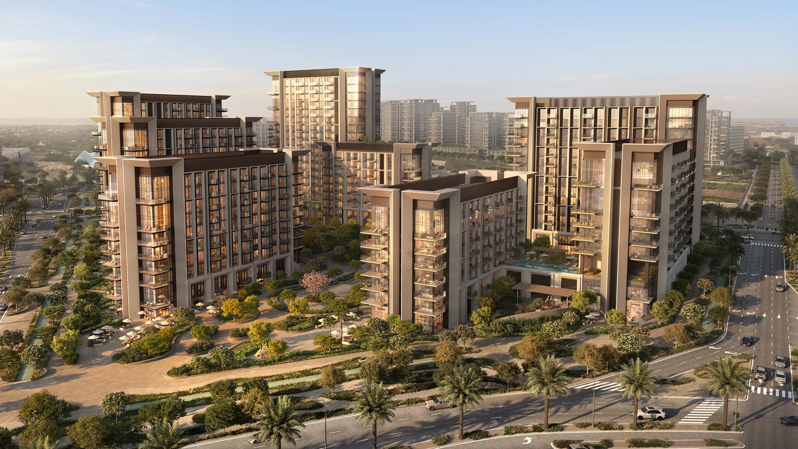 Sei Saadiyat residential towers around landscaped courtyards in afternoon light