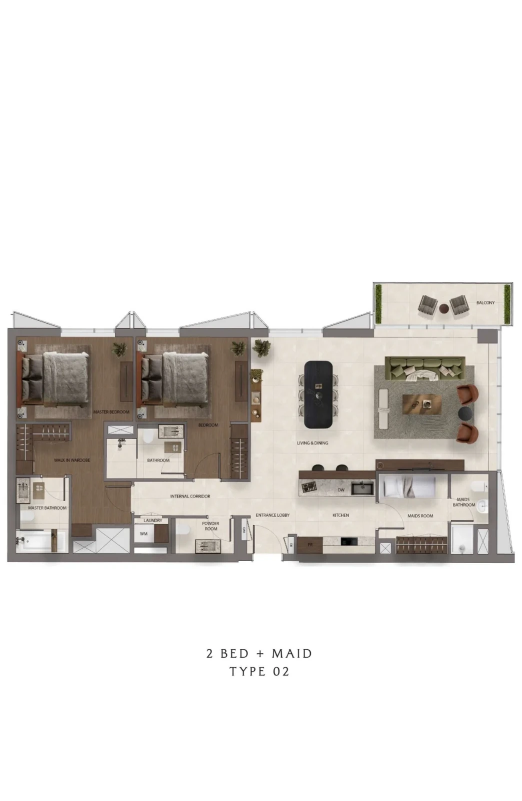 Sei Saadiyat 2-bedroom Type 02 + Maid apartment floor plan, including a maid's room