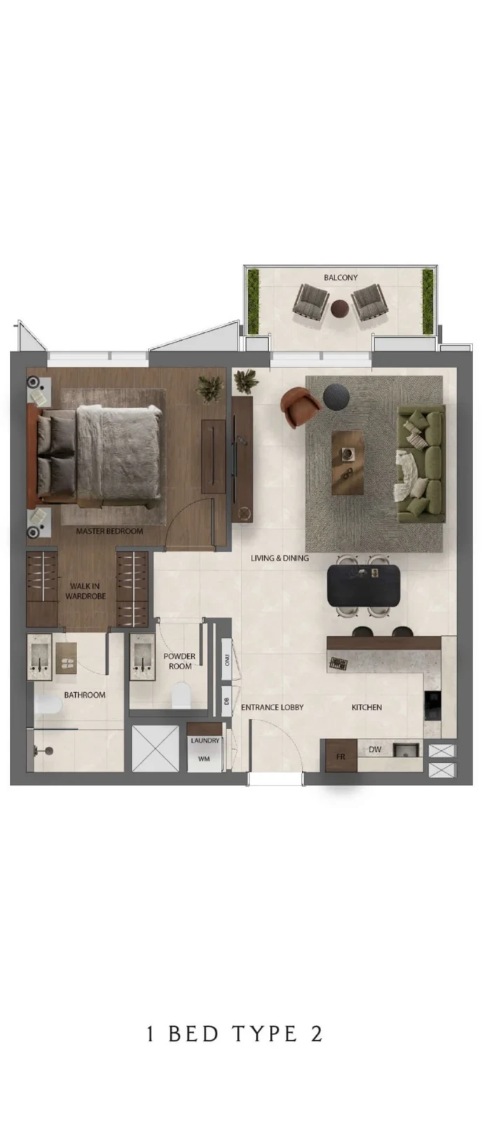 Sei Saadiyat 1-bedroom Type 2 apartment floor plan, including a balcony