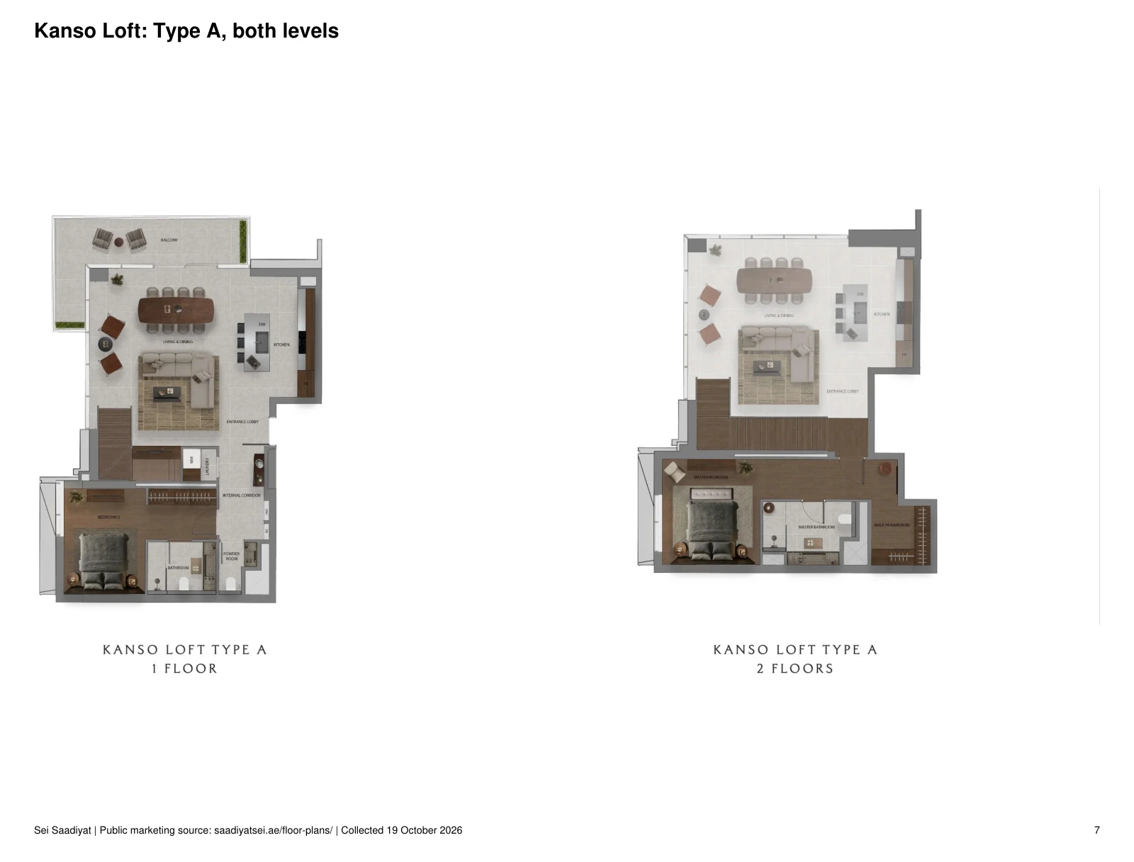 Sei Saadiyat 2-bedroom Kanso Loft Type A duplex floor plan, Both Levels with an internal staircase