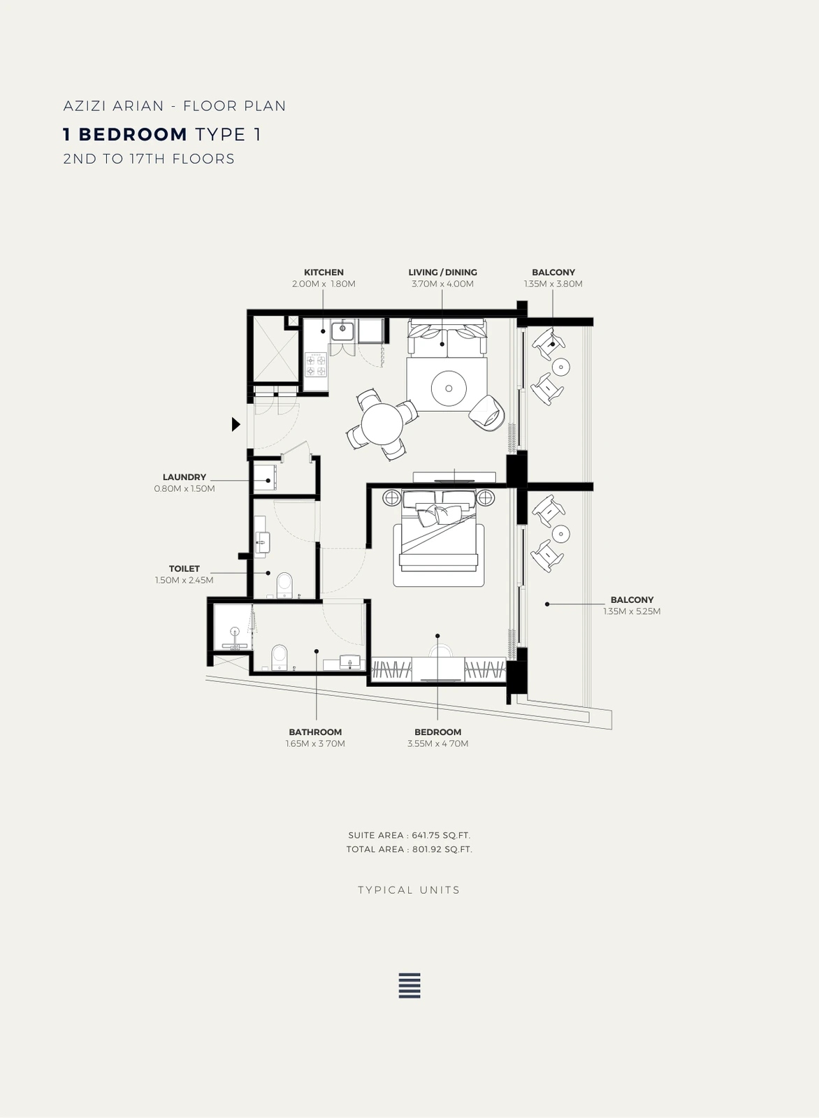 Azizi Arian 1-bedroom Type 1 apartment floor plan showing 2nd to 17th floors, 801.92 sq ft