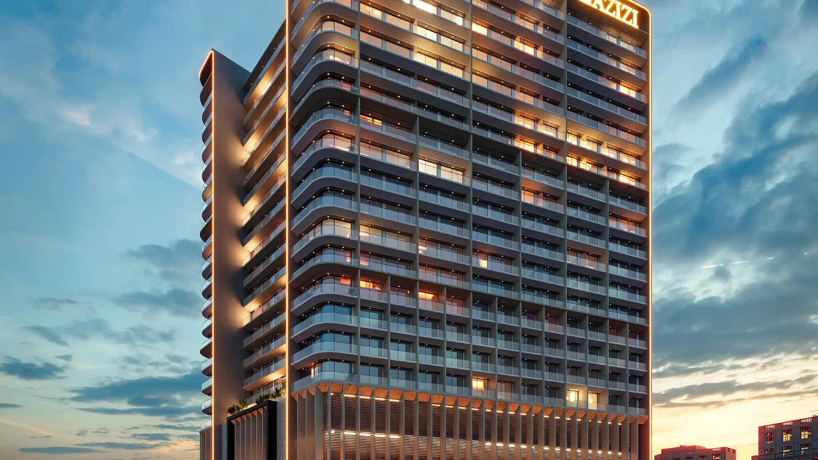 Azizi Arian tower at dusk with illuminated balconies, ground-floor retail and a passing metro train