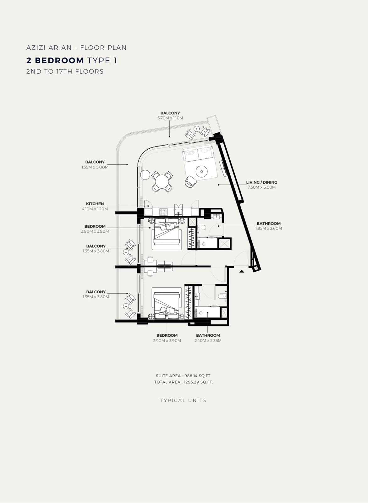Azizi Arian 2-bedroom Type 1 apartment floor plan showing 2nd to 17th floors, 1,293.29 sq ft