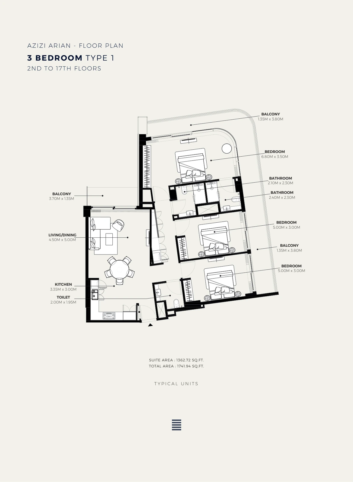 Azizi Arian 3-bedroom Type 1 apartment floor plan showing 2nd to 17th floors, 1,741.94 sq ft