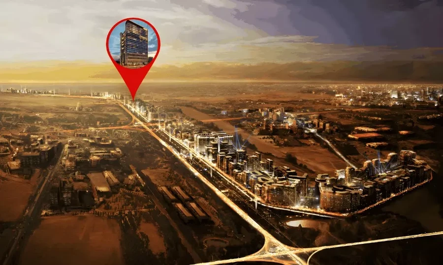 Azizi Arian aerial location illustration with a red project marker above the surrounding Jebel Ali development