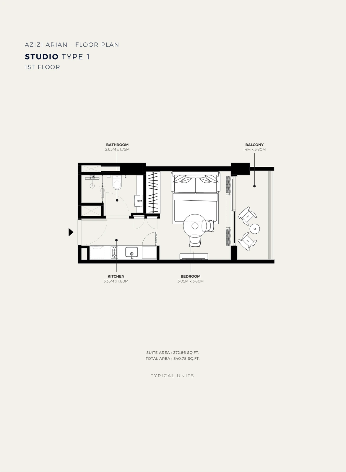 Azizi Arian studio Type 1 apartment 1st-floor plan, 340.78 sq ft