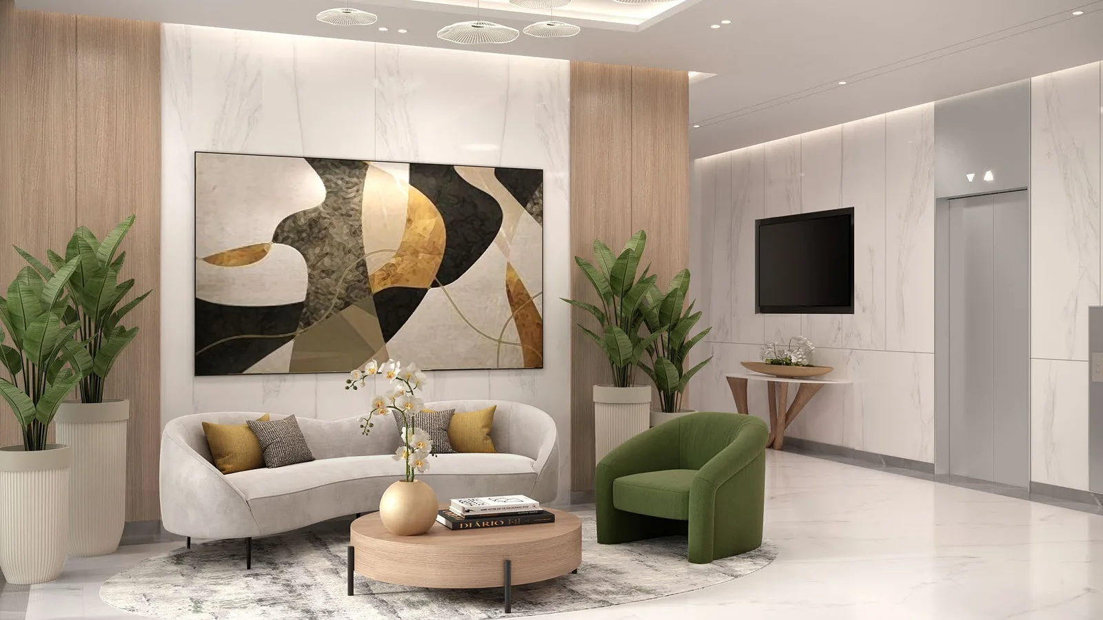 Azizi Arian lobby seating with green armchairs, marble wall panels and abstract artwork