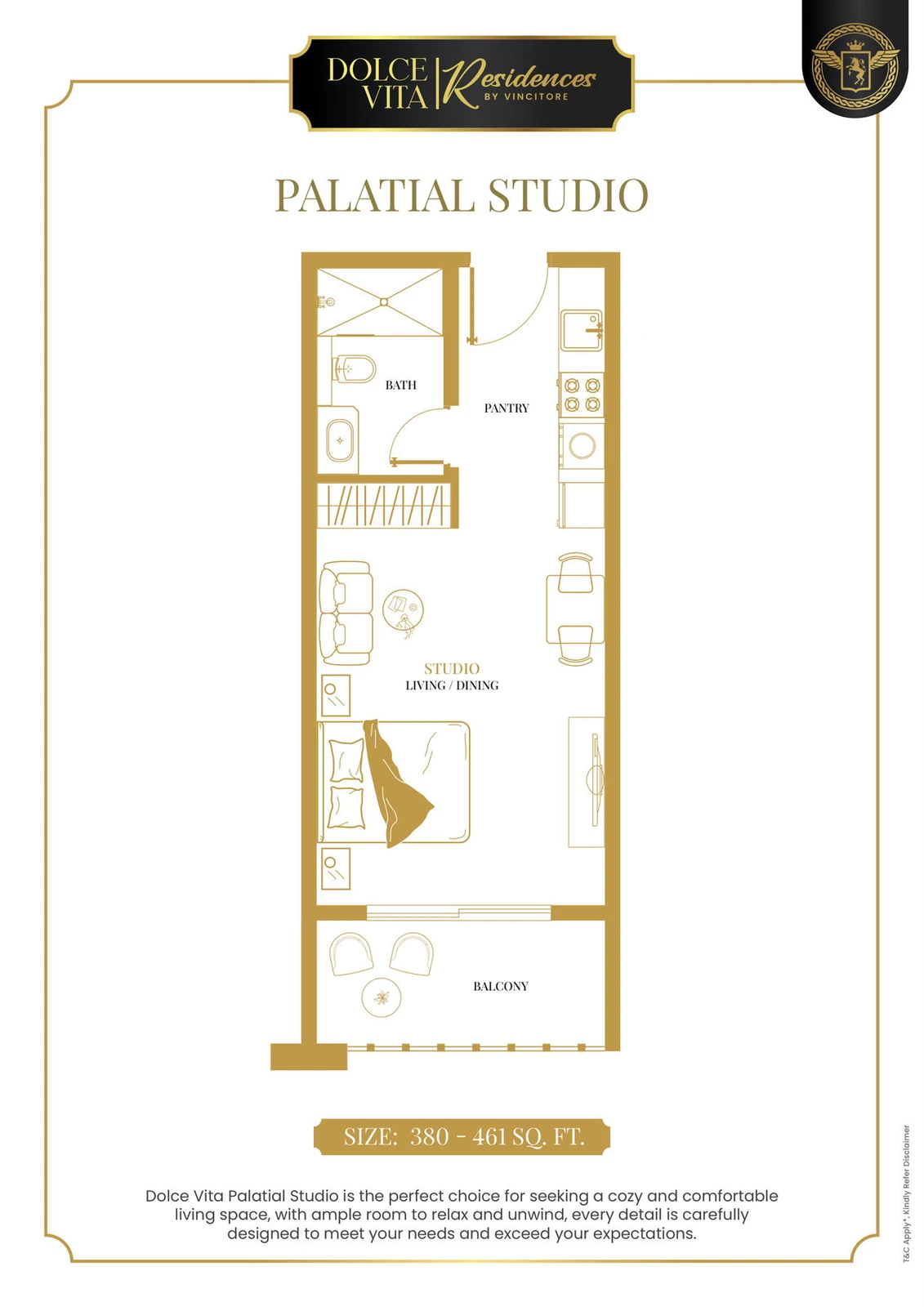 Vincitore Dolce Vita Palatial studio apartment floor plan, approximately 380 to 461 sq ft.