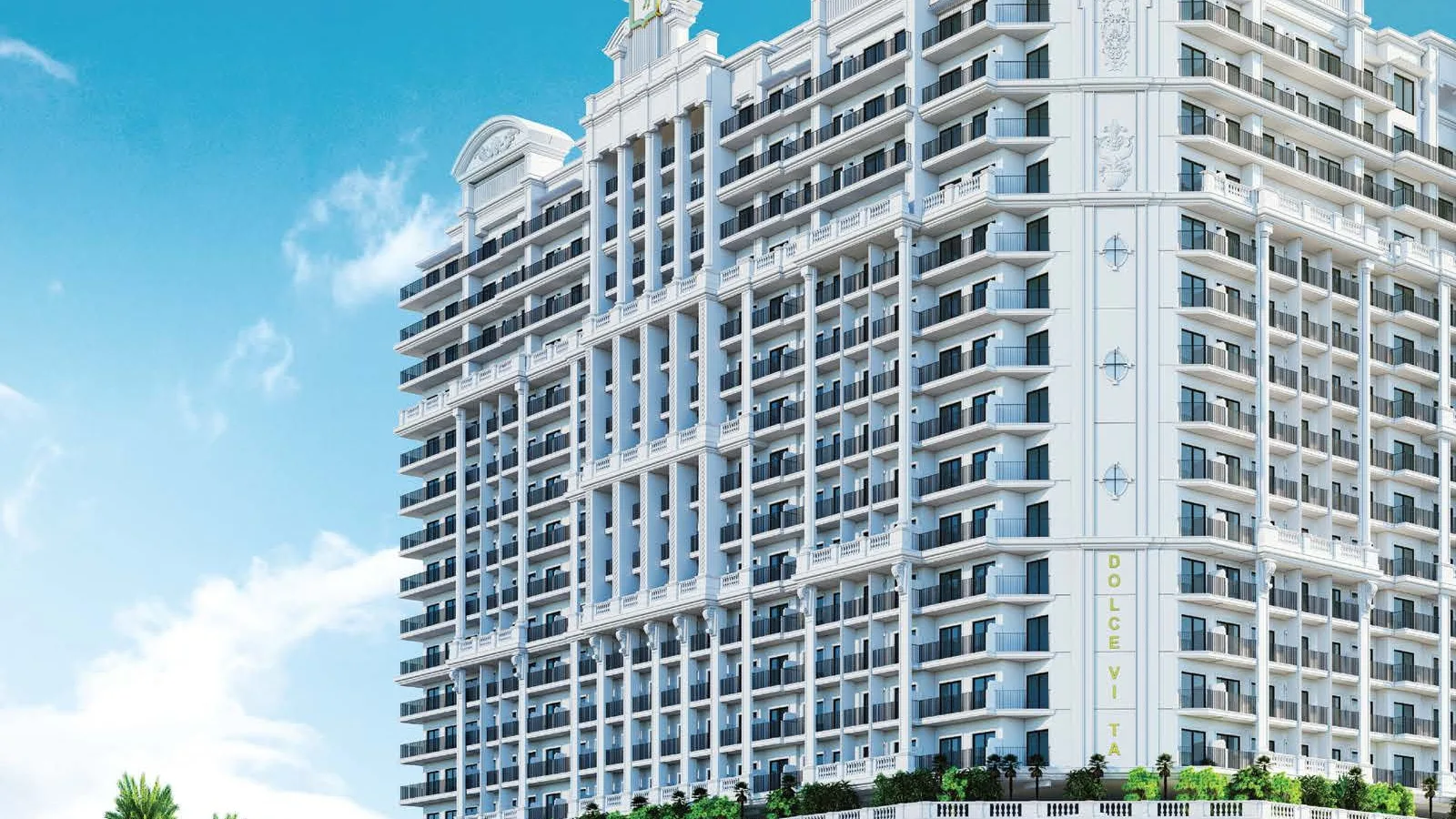 Vincitore Dolce Vita exterior with its sculpted facade, balconies and landscaped arrival area.