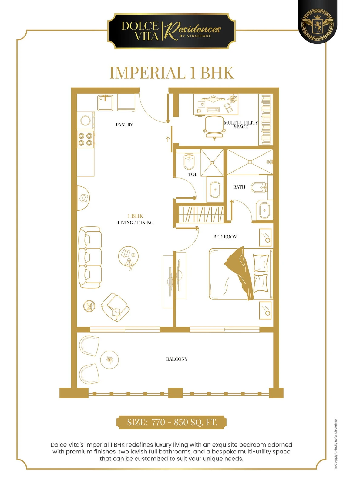 Vincitore Dolce Vita Imperial 1-bedroom apartment floor plan, approximately 770 to 850 sq ft.