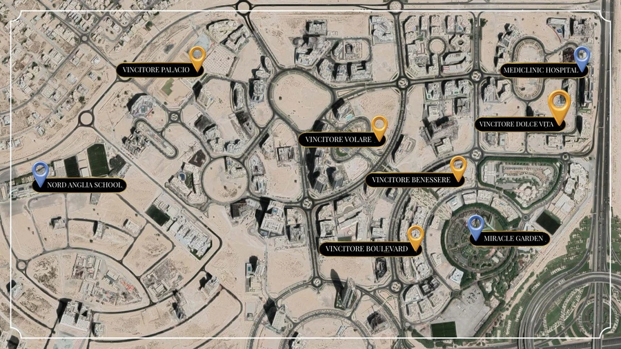 Vincitore Dolce Vita location map in Arjan showing Mediclinic Parkview Hospital, Dubai Miracle Garden, Nord Anglia International School Dubai and surrounding roads.