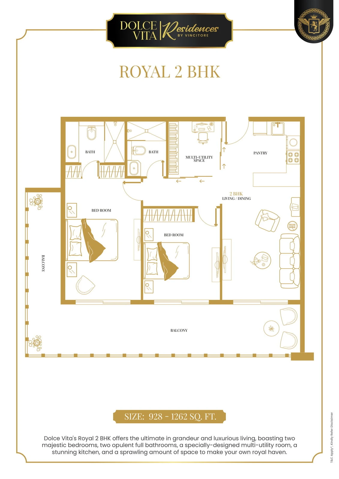 Vincitore Dolce Vita Royal 2-bedroom apartment floor plan, approximately 928 to 1,262 sq ft.