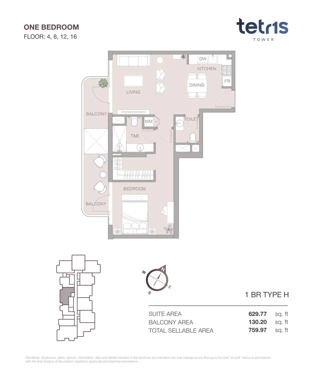 TETR1S Tower 1-bedroom Type H apartment floor plan for Floors 4, 8, 12 and 16, 759.97 sq ft.