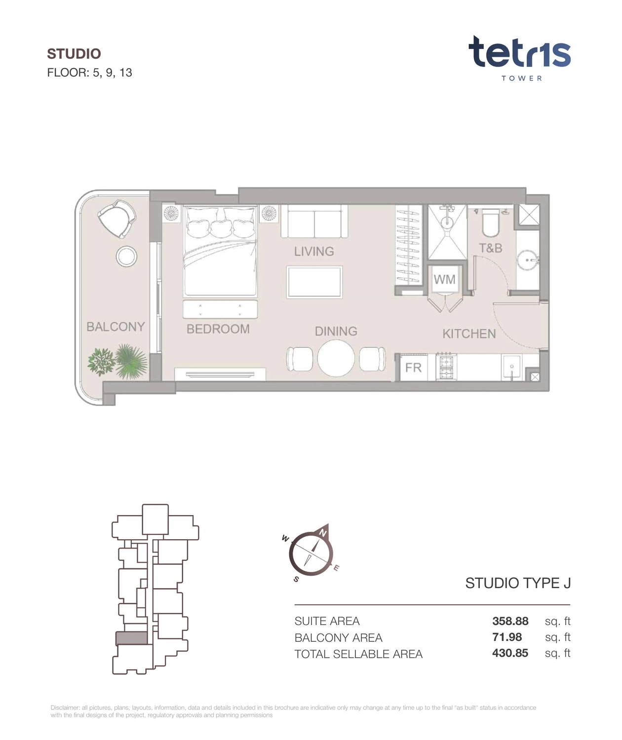 TETR1S Tower Studio Type J apartment floor plan for Floors 5, 9 and 13, 430.85 sq ft.