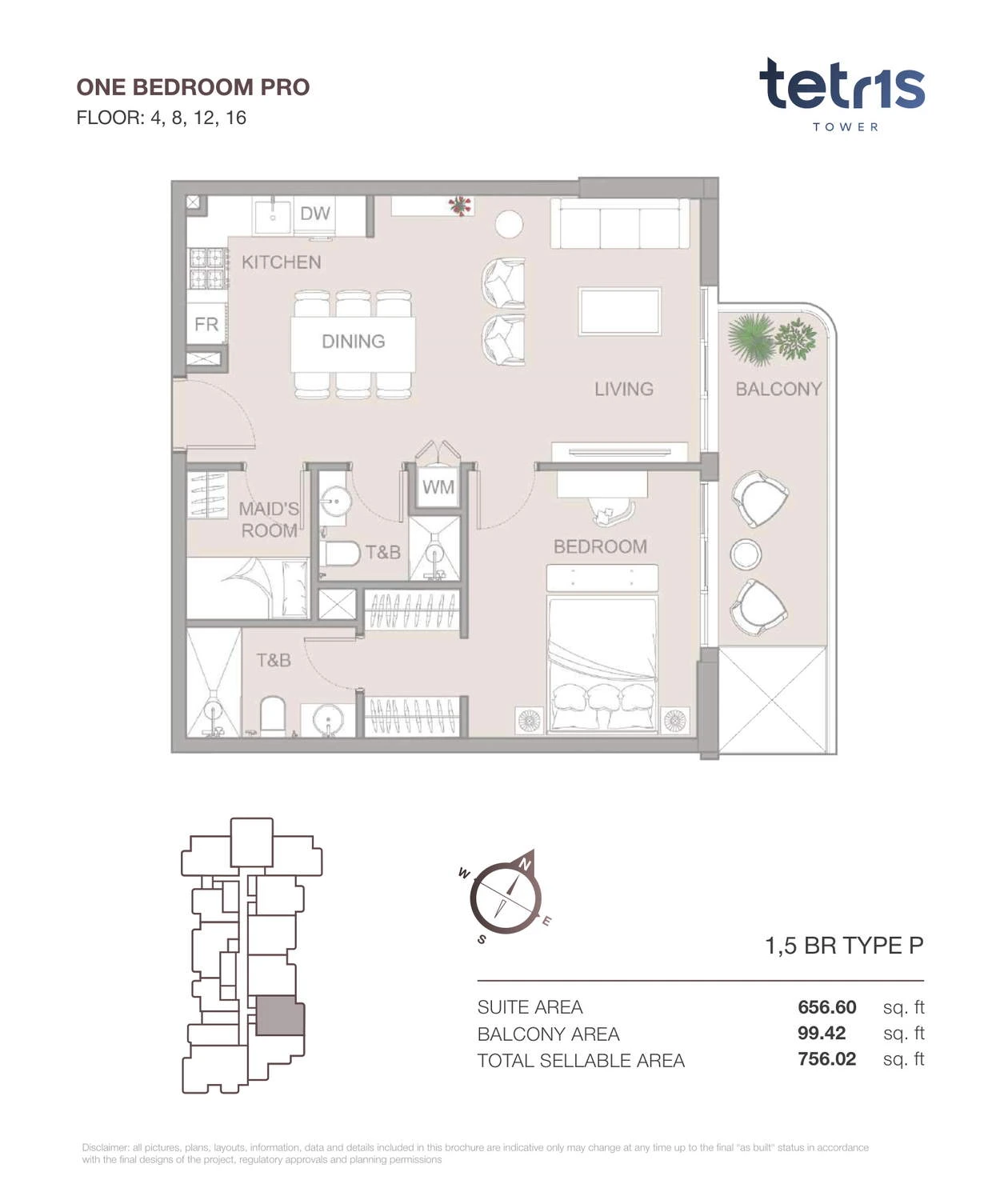 TETR1S Tower 1-bedroom Type P Pro apartment floor plan for Floors 4, 8, 12 and 16, 756.02 sq ft.