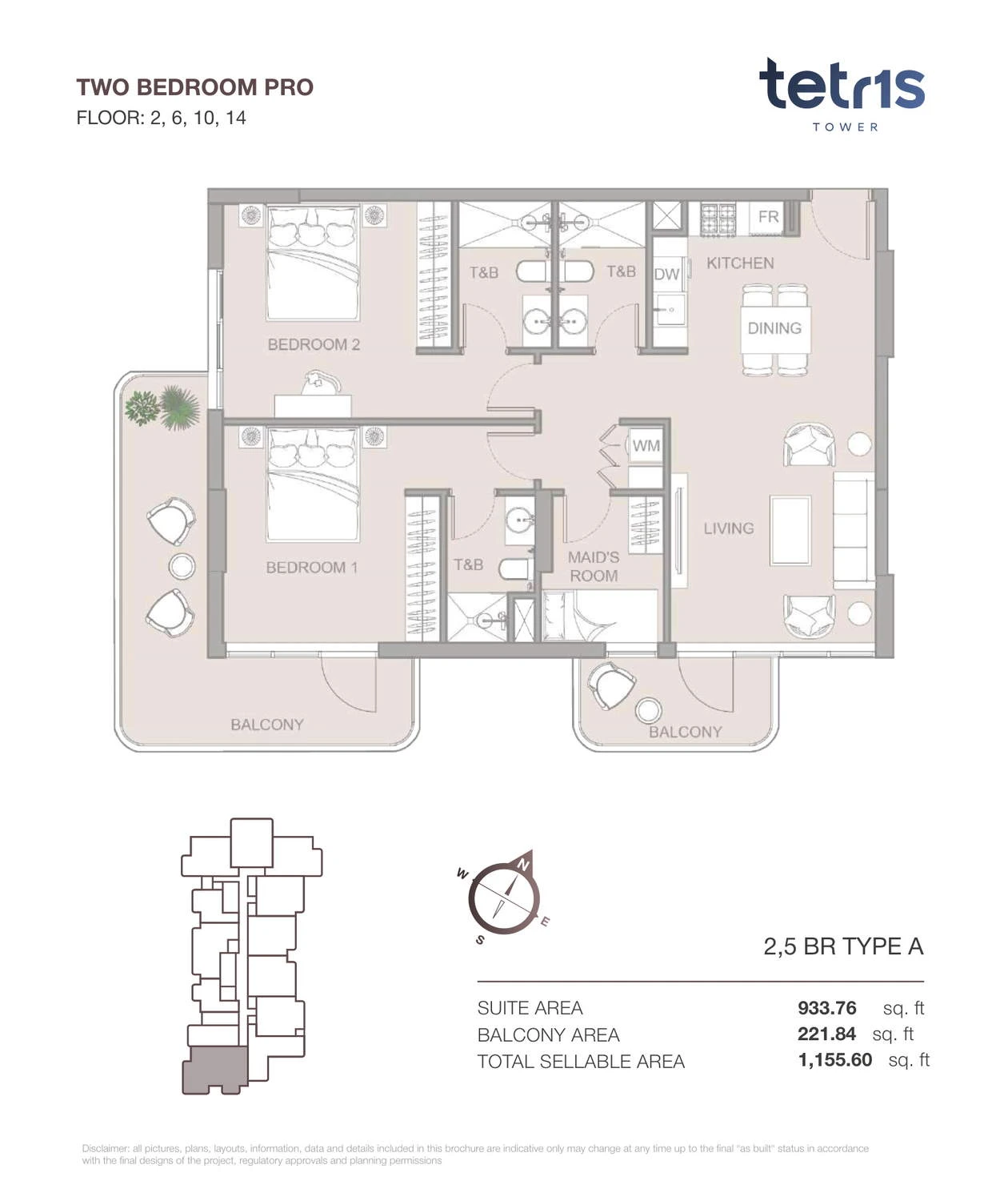 TETR1S Tower 2-bedroom Type A Pro apartment floor plan for Floors 2, 6, 10 and 14, 1,155.60 sq ft.