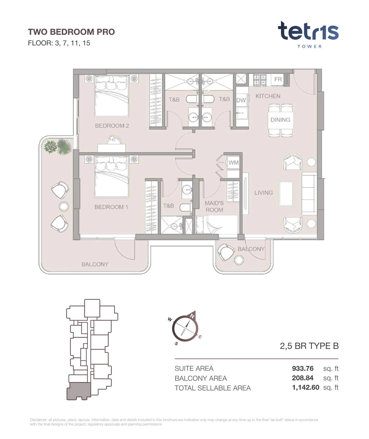 TETR1S Tower 2-bedroom Type B Pro apartment floor plan for Floors 3, 7, 11 and 15, 1,142.60 sq ft.