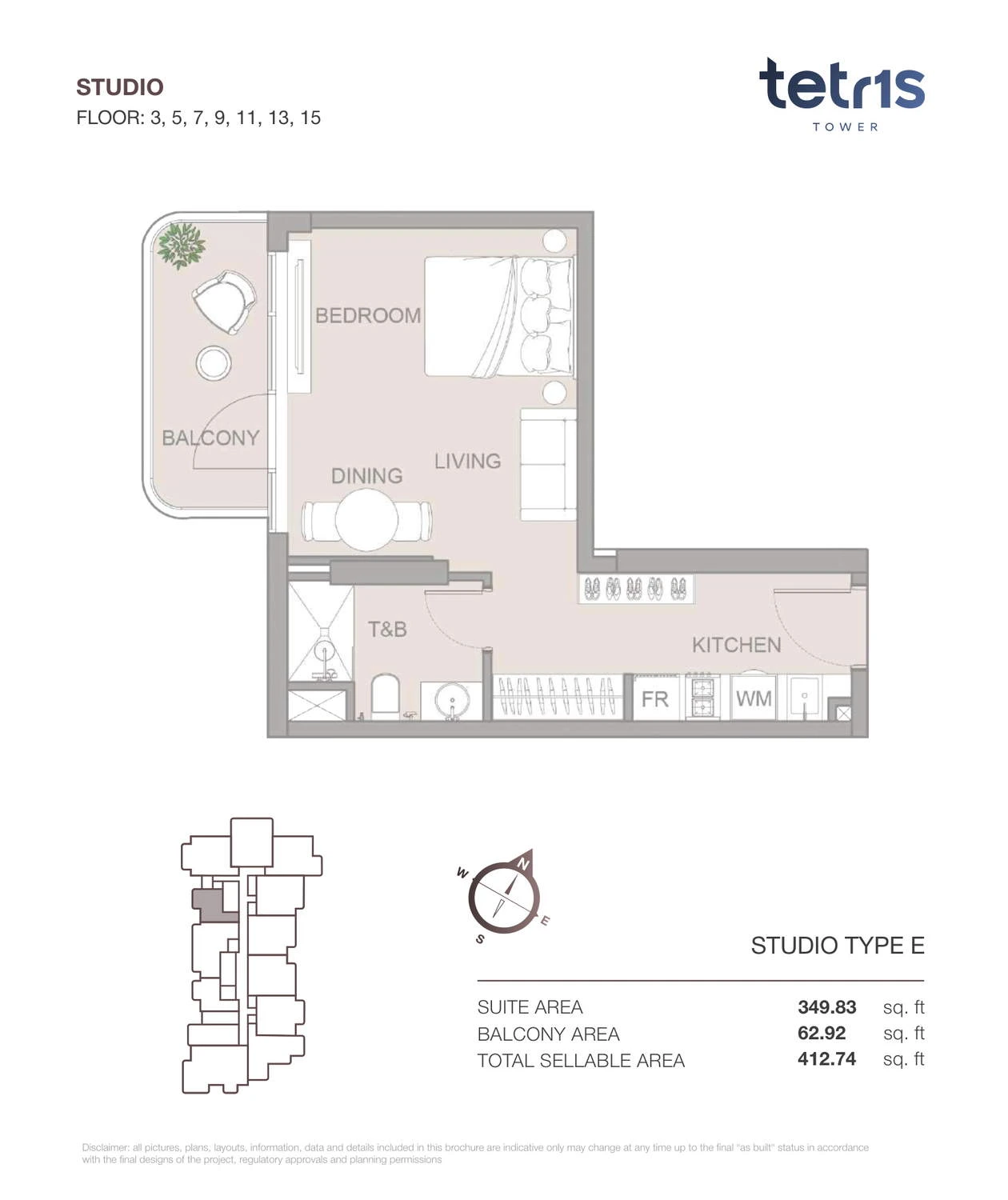 TETR1S Tower Studio Type E apartment floor plan for Floors 3, 5, 7, 9, 11, 13 and 15, 412.74 sq ft.