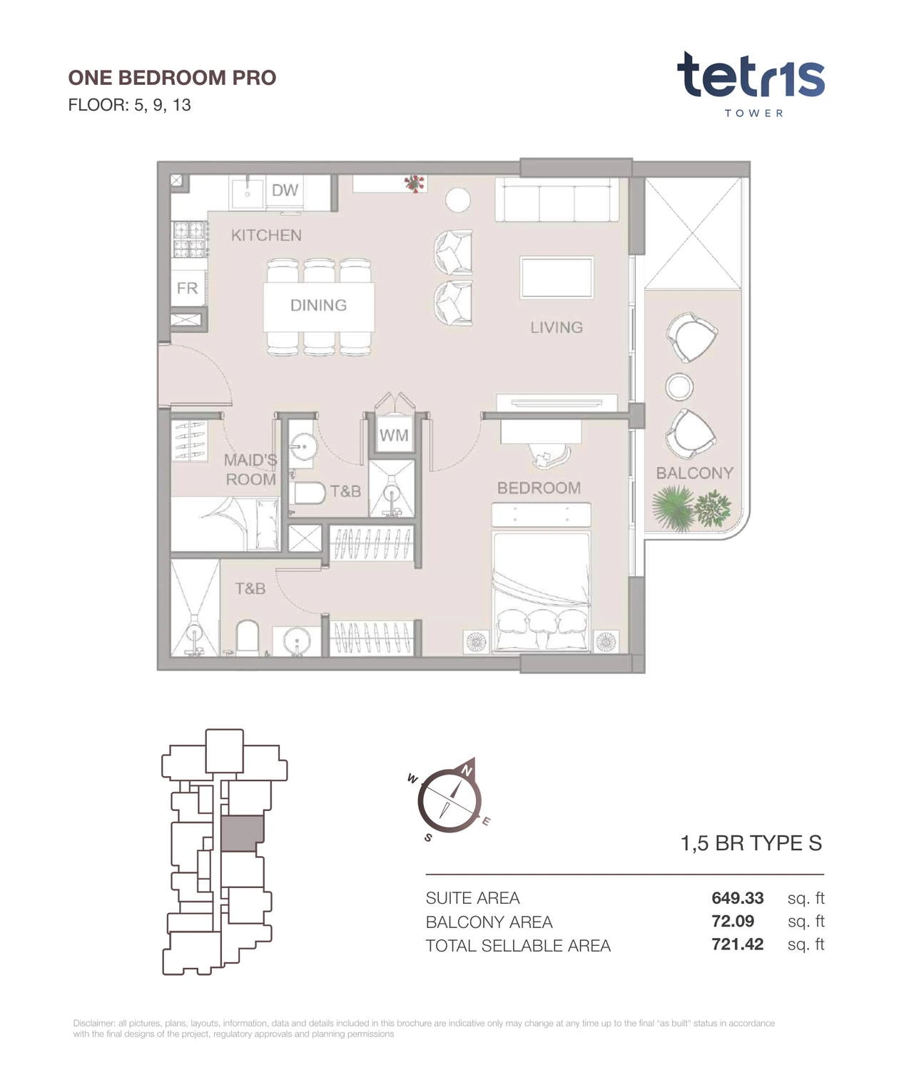 TETR1S Tower 1-bedroom Type S Pro apartment floor plan for Floors 5, 9 and 13, 721.42 sq ft.