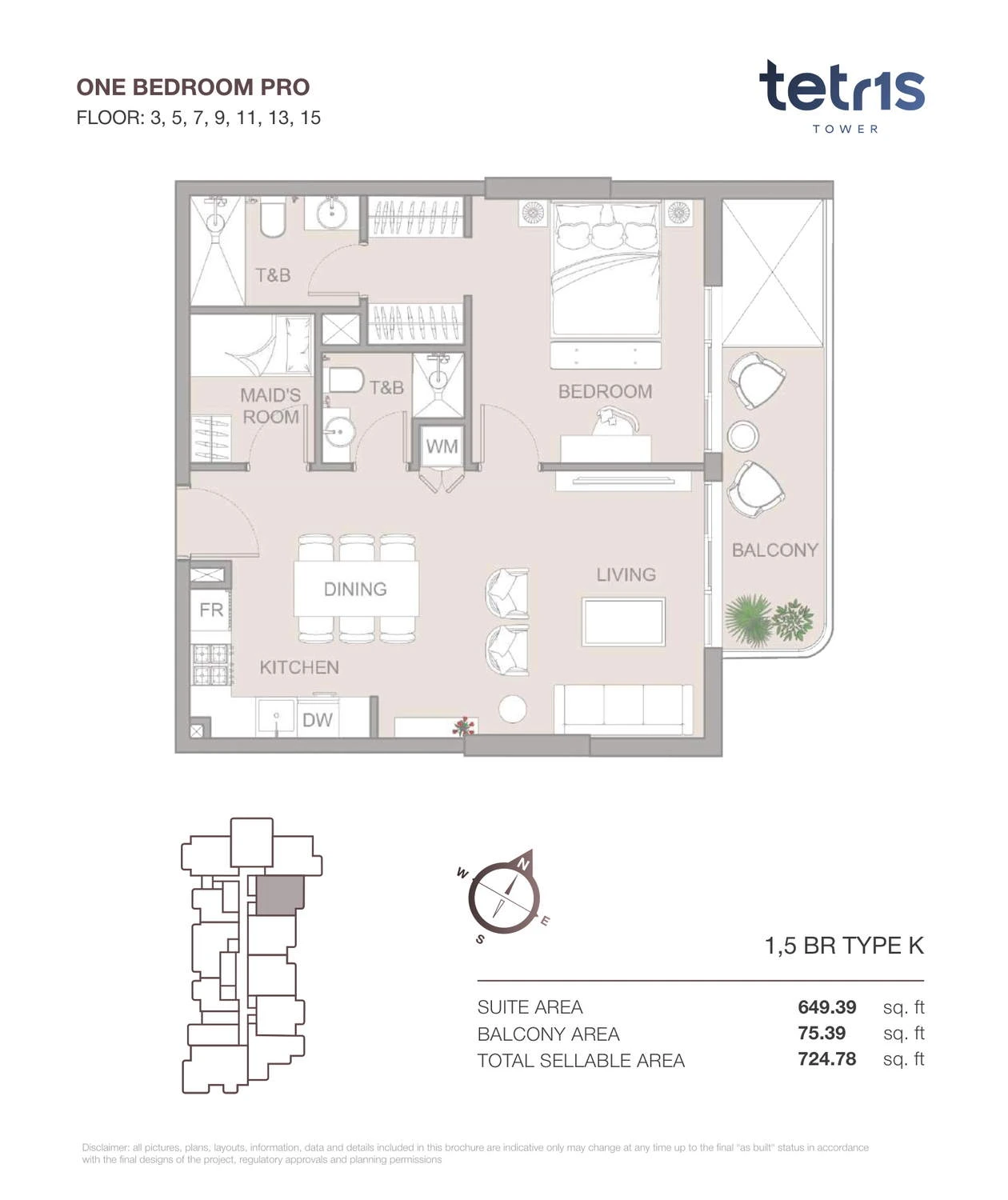 TETR1S Tower 1-bedroom Type K Pro apartment floor plan for Floors 3, 5, 7, 9, 11, 13 and 15, 724.78 sq ft.