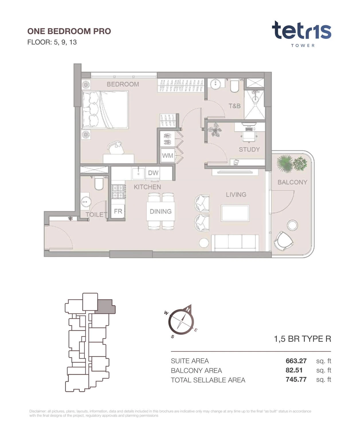 TETR1S Tower 1-bedroom Type R Pro apartment floor plan for Floors 5, 9 and 13, 745.77 sq ft.