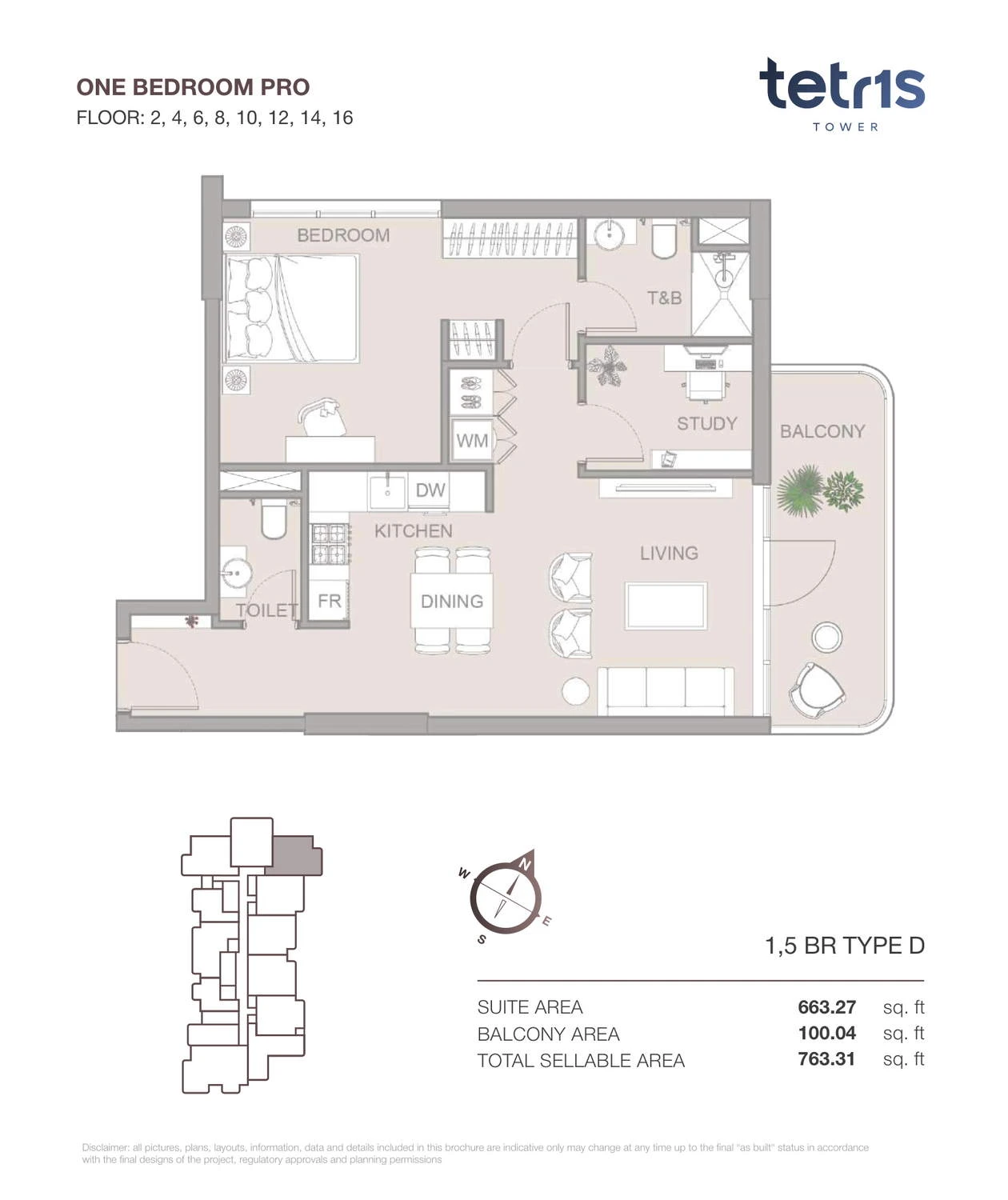 TETR1S Tower 1-bedroom Type D Pro apartment floor plan for Floors 2, 4, 6, 8, 10, 12, 14 and 16, 763.31 sq ft.