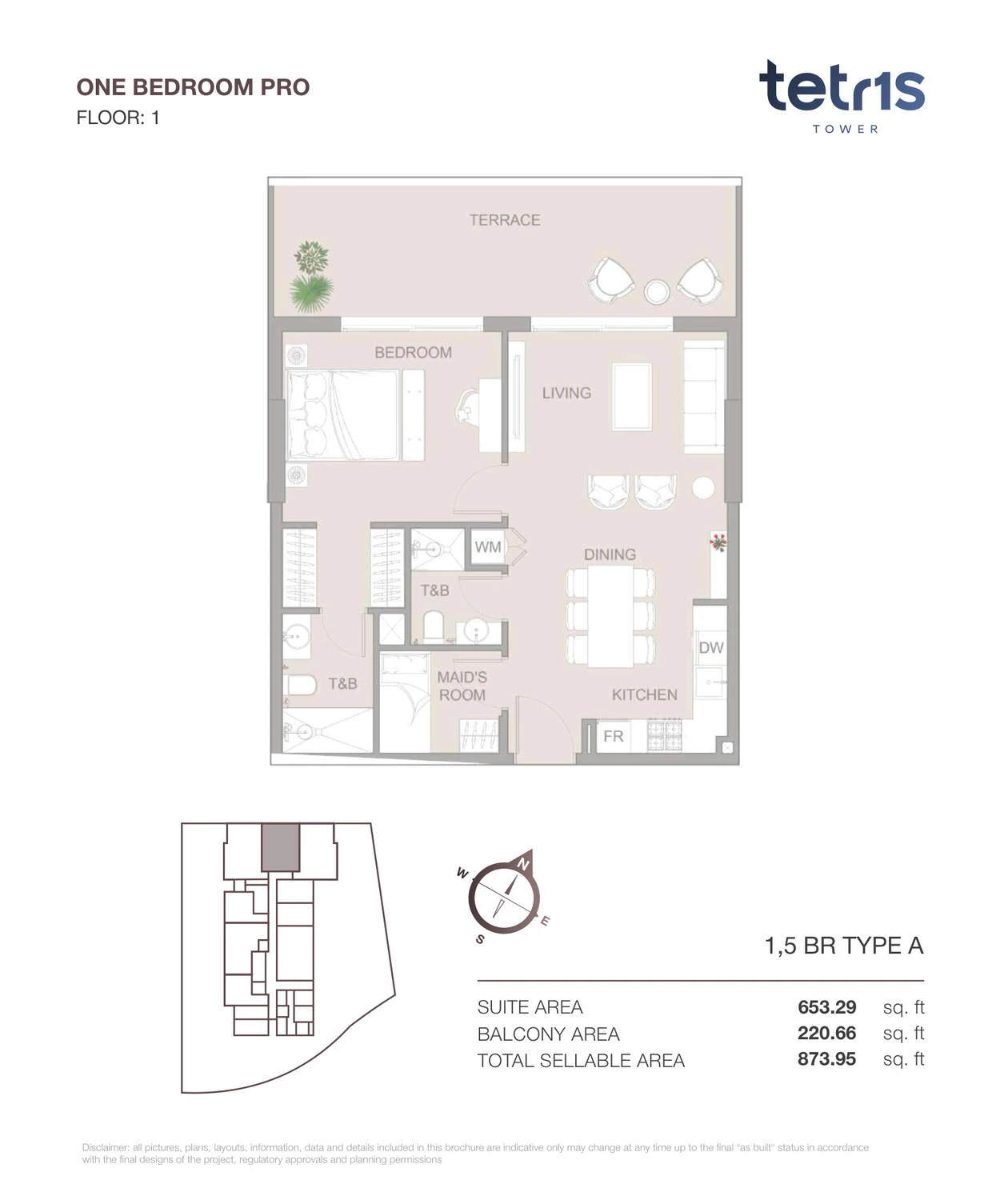 TETR1S Tower 1-bedroom Type A Pro apartment floor plan for Floor 1, 873.95 sq ft.
