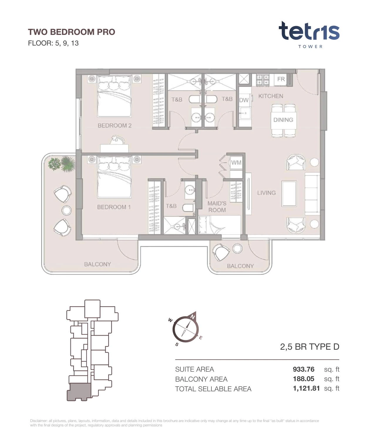 TETR1S Tower 2-bedroom Type D Pro apartment floor plan for Floors 5, 9 and 13, 1,121.81 sq ft.