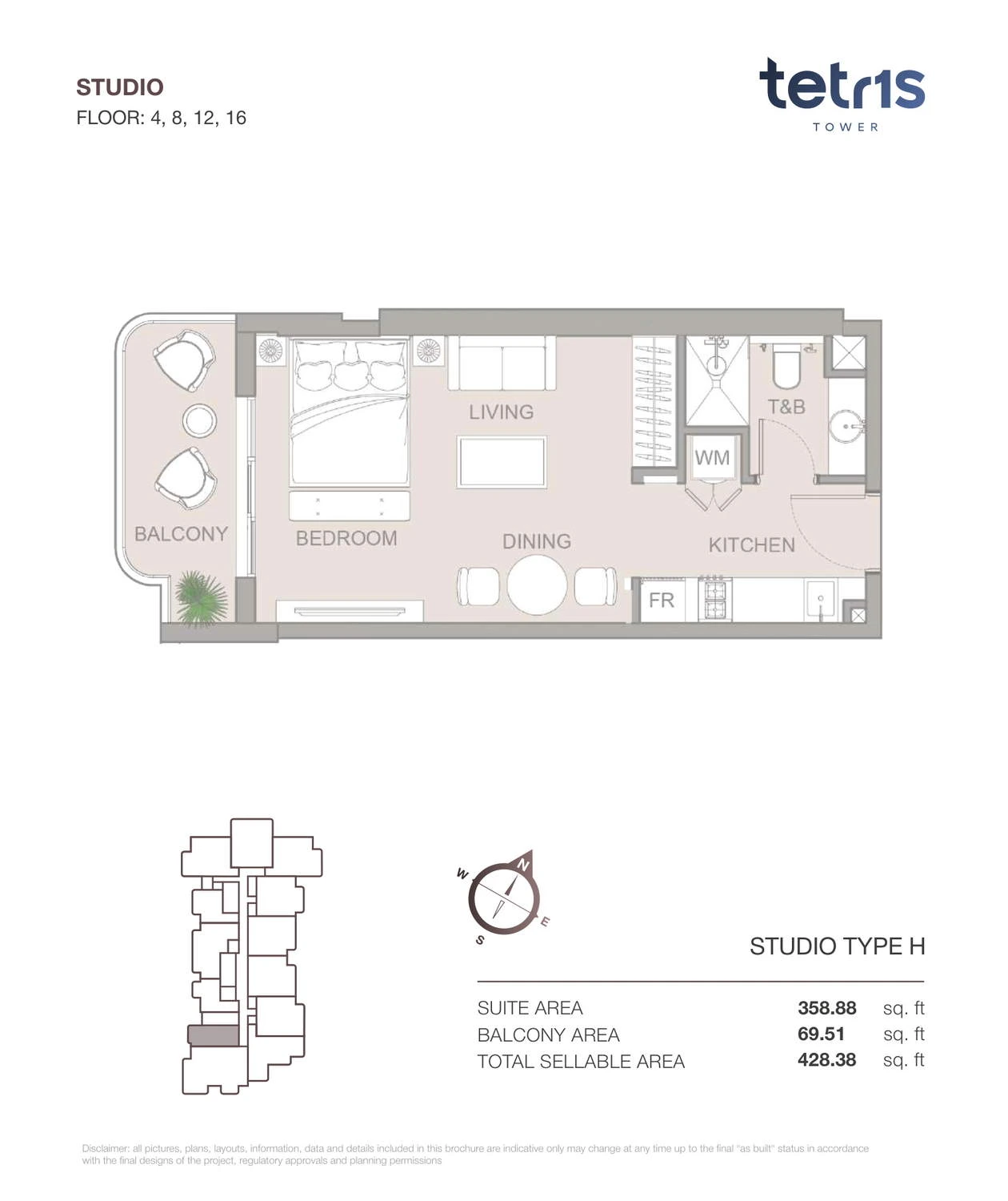 TETR1S Tower Studio Type H apartment floor plan for Floors 4, 8, 12 and 16, 428.38 sq ft.
