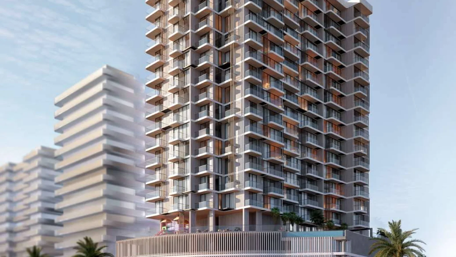 Street view of TETR1S Tower showing its curved residential facade, balconies and podium.