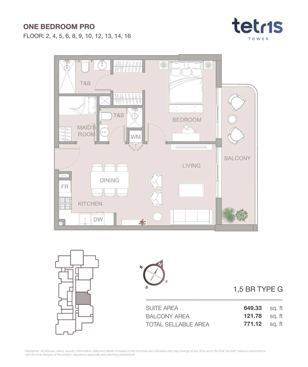 TETR1S Tower 1-bedroom Type G Pro apartment floor plan for Floors 2, 4, 5, 6, 8, 9, 10, 12, 13, 14 and 16, 771.12 sq ft.