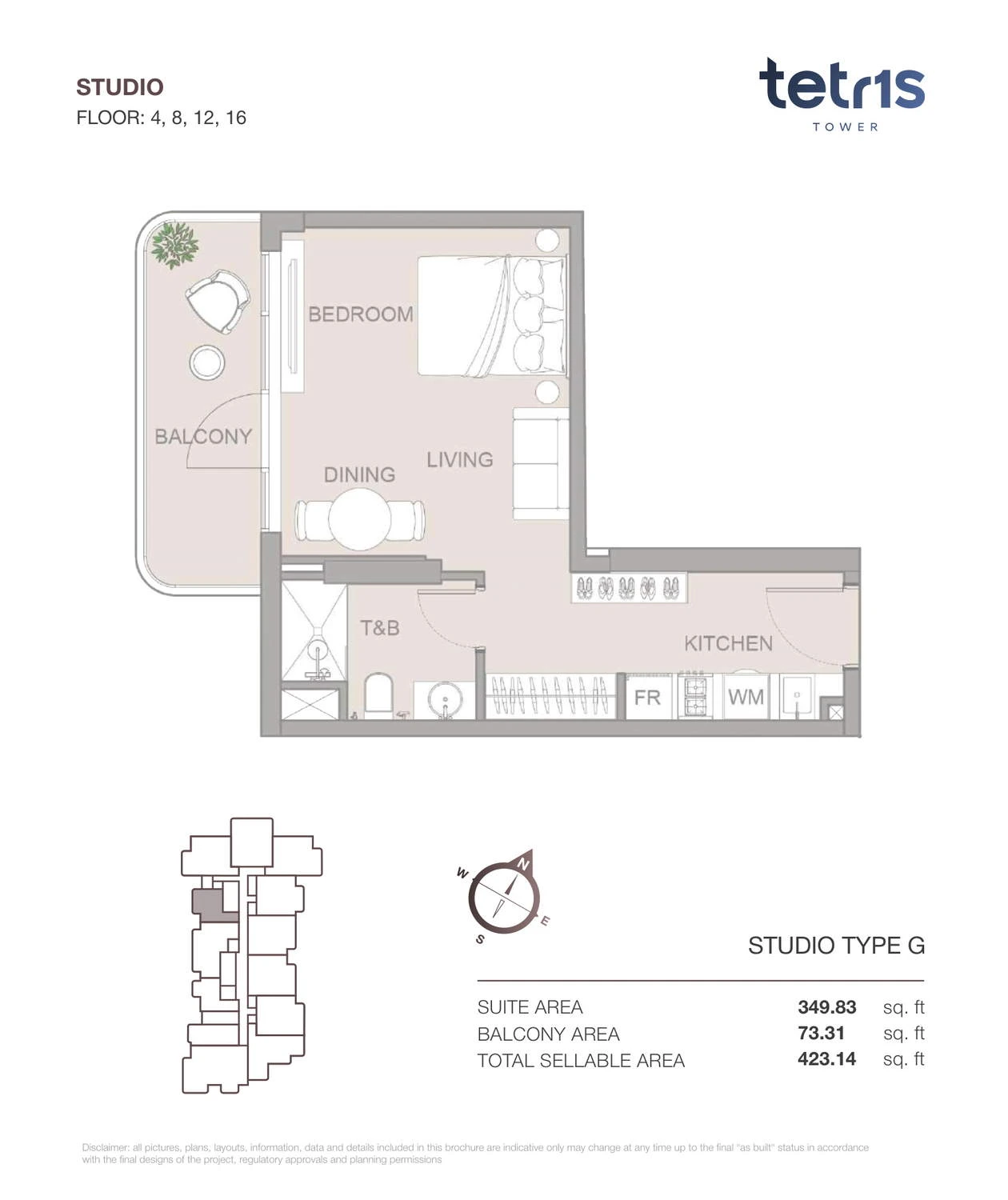 TETR1S Tower Studio Type G apartment floor plan for Floors 4, 8, 12 and 16, 423.14 sq ft.
