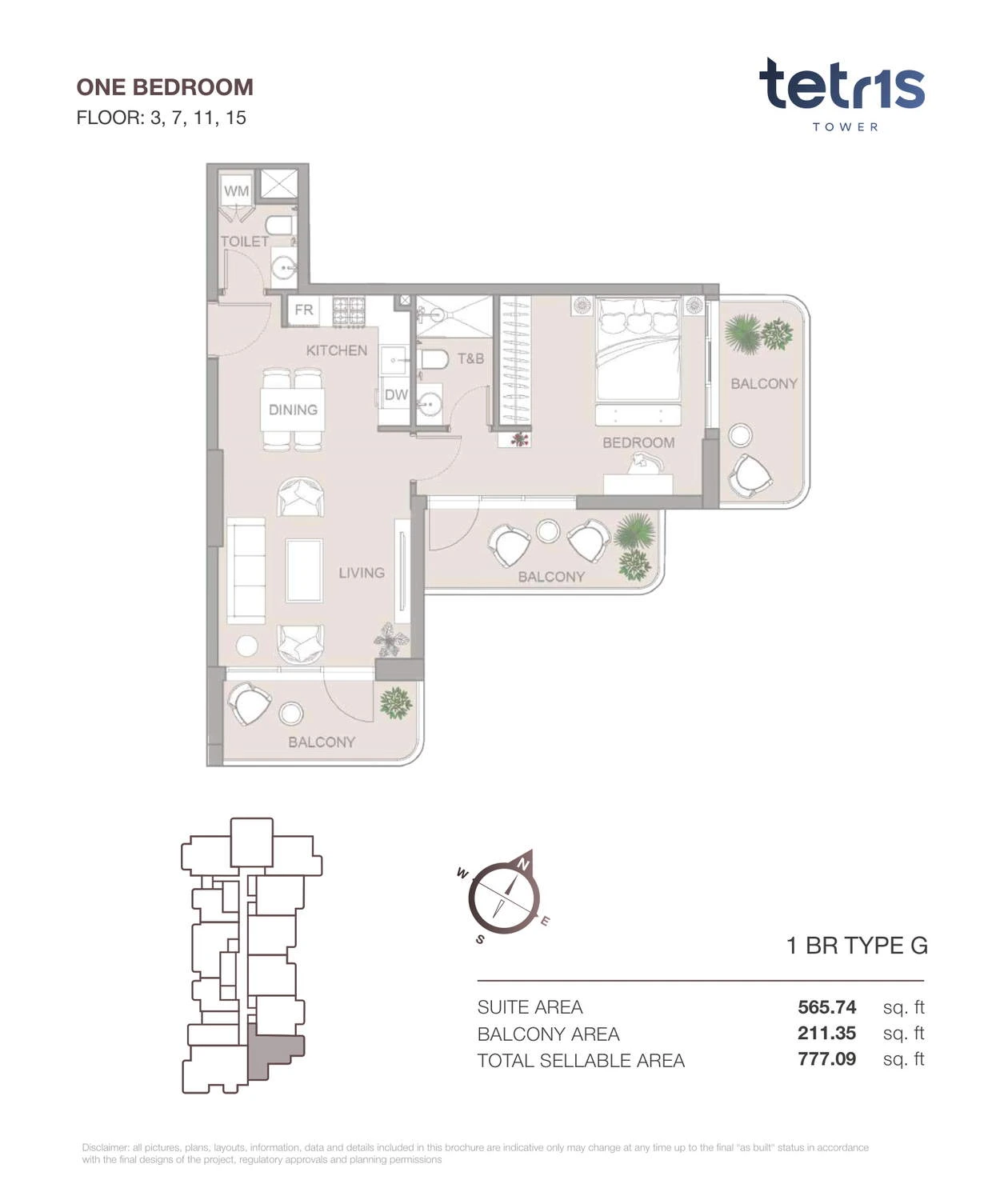 TETR1S Tower 1-bedroom Type G apartment floor plan for Floors 3, 7, 11 and 15, 777.09 sq ft.