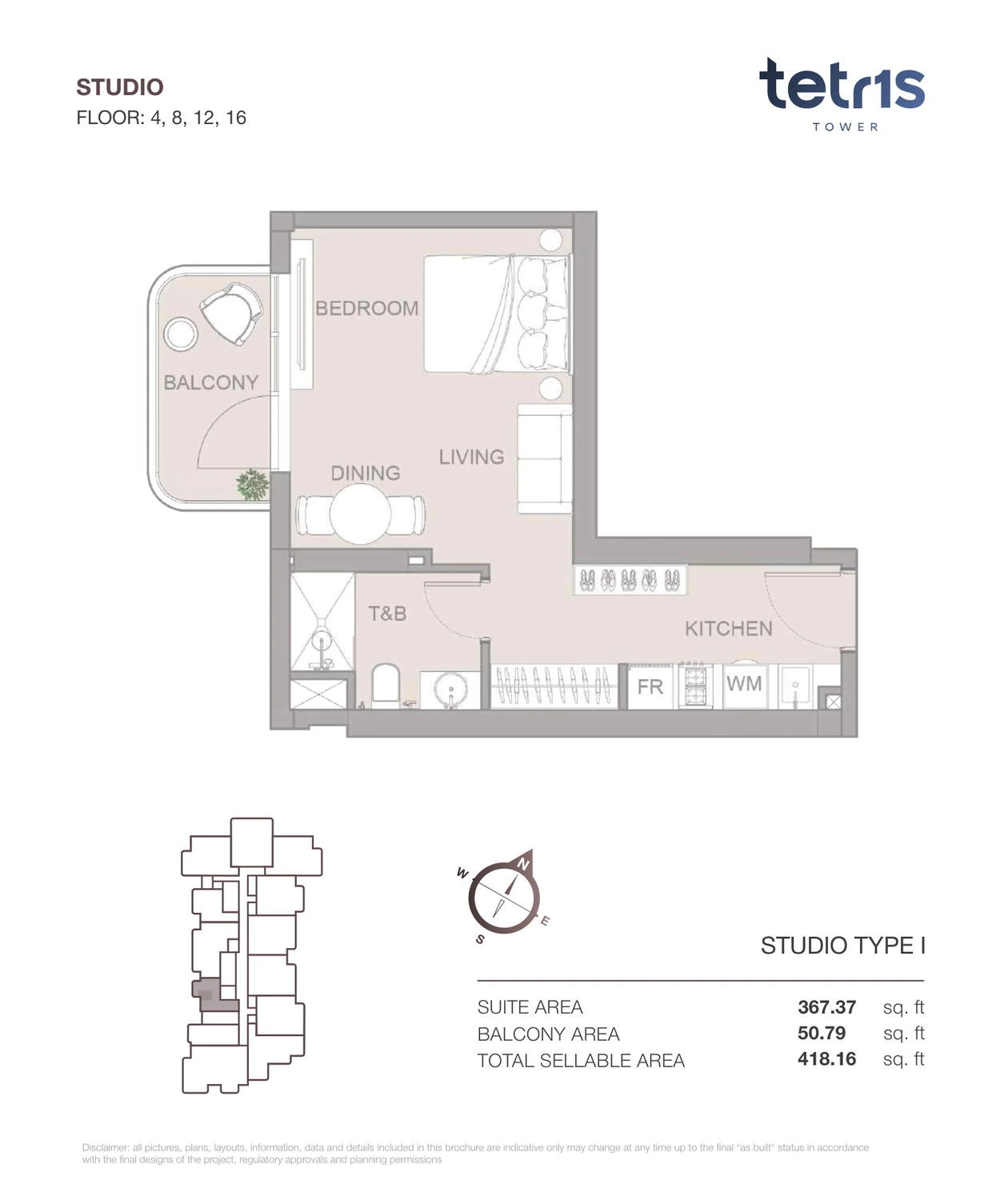 TETR1S Tower Studio Type I apartment floor plan for Floors 4, 8, 12 and 16, 418.16 sq ft.