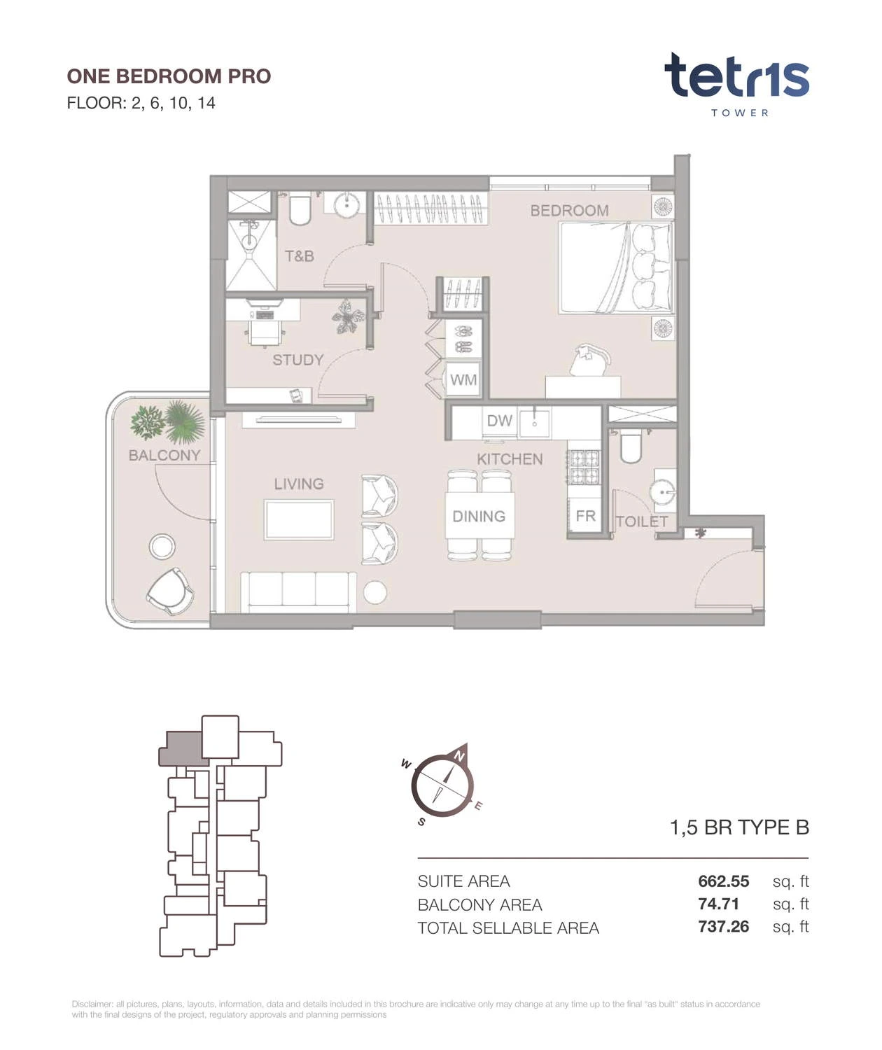 TETR1S Tower 1-bedroom Type B Pro apartment floor plan for Floors 2, 6, 10 and 14, 737.26 sq ft.